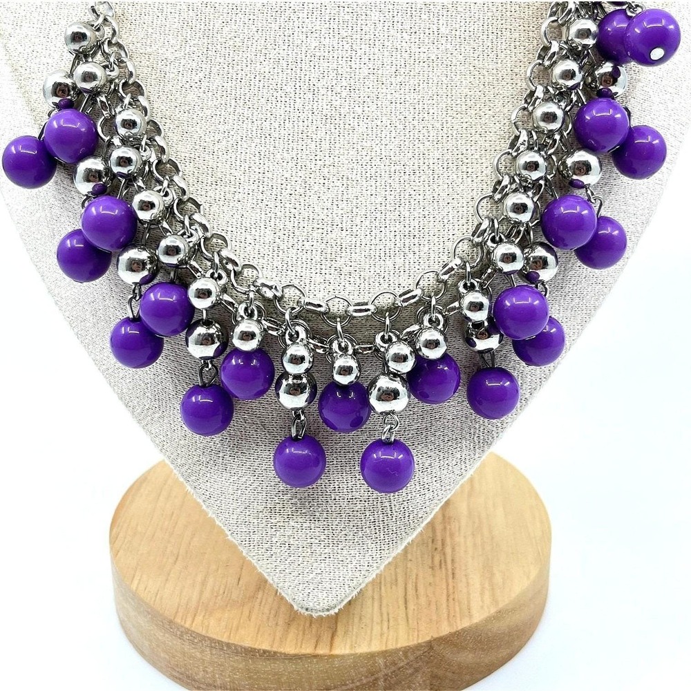 Vintage Retro Silver Tone Purple Bead Cluster Dangle Bib Statement Necklace